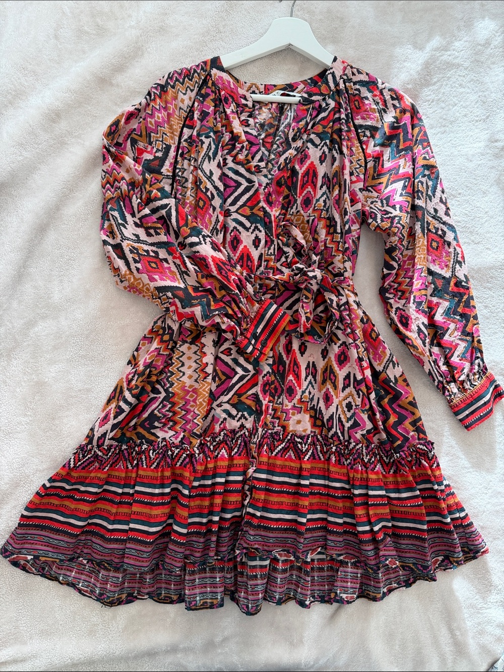 Zara Long Sleeve Wrap Dress in Pink Multi